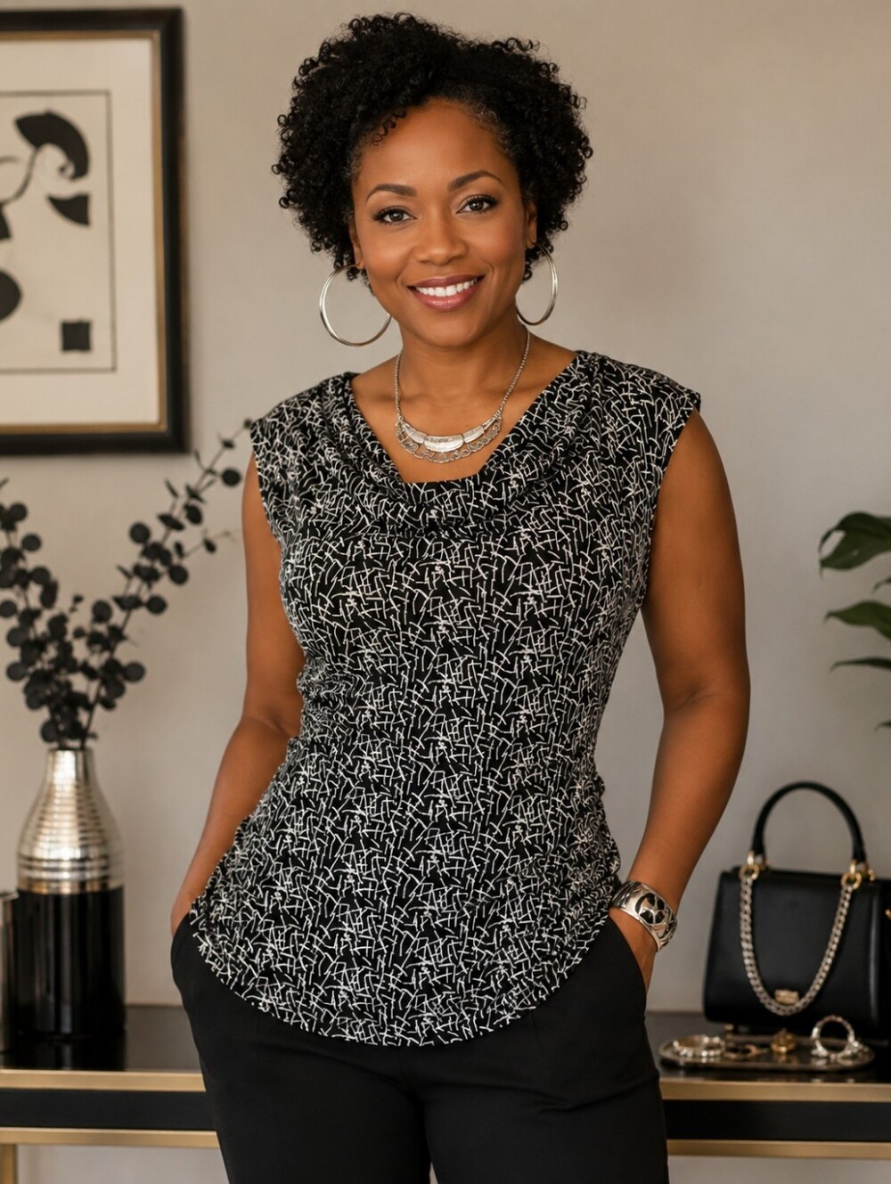 Chaus Cowl Neck Black/White Sleeveless Evening Top Size M